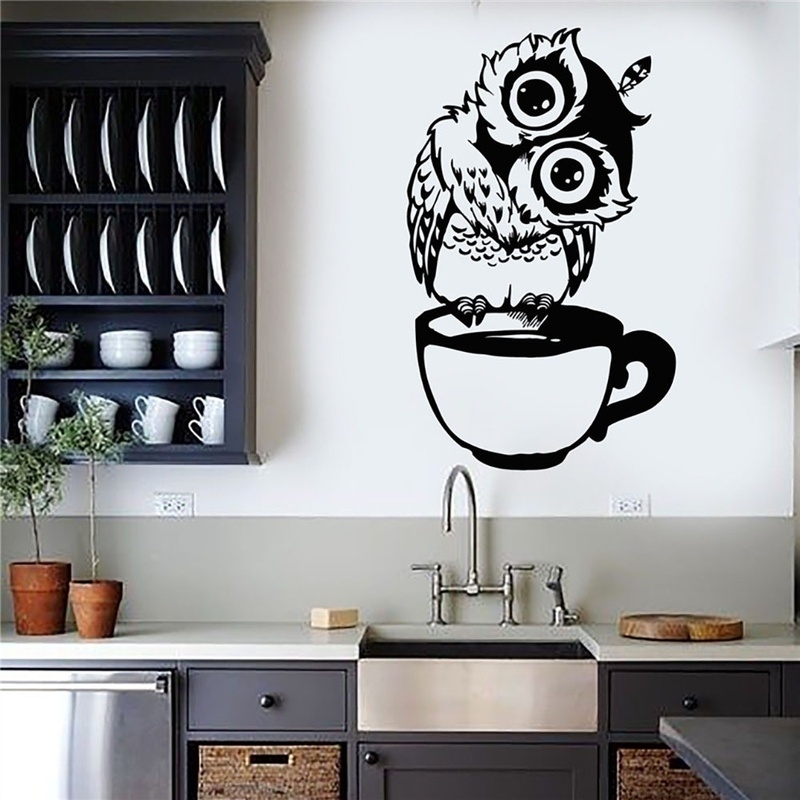 재미있는 만화 올빼미 차 컵 커피 주방 스티커 홈 데코 - Wallpaper Coffee And Tea 리뷰 및 가격