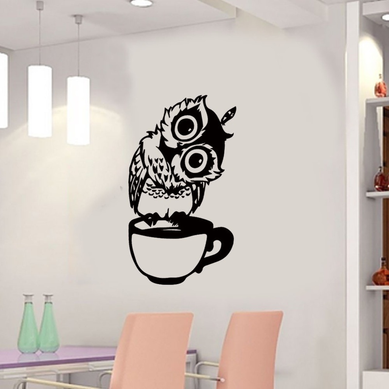 재미있는 만화 올빼미 차 컵 커피 주방 스티커 홈 데코 - Wallpaper Coffee And Tea 리뷰 및 가격